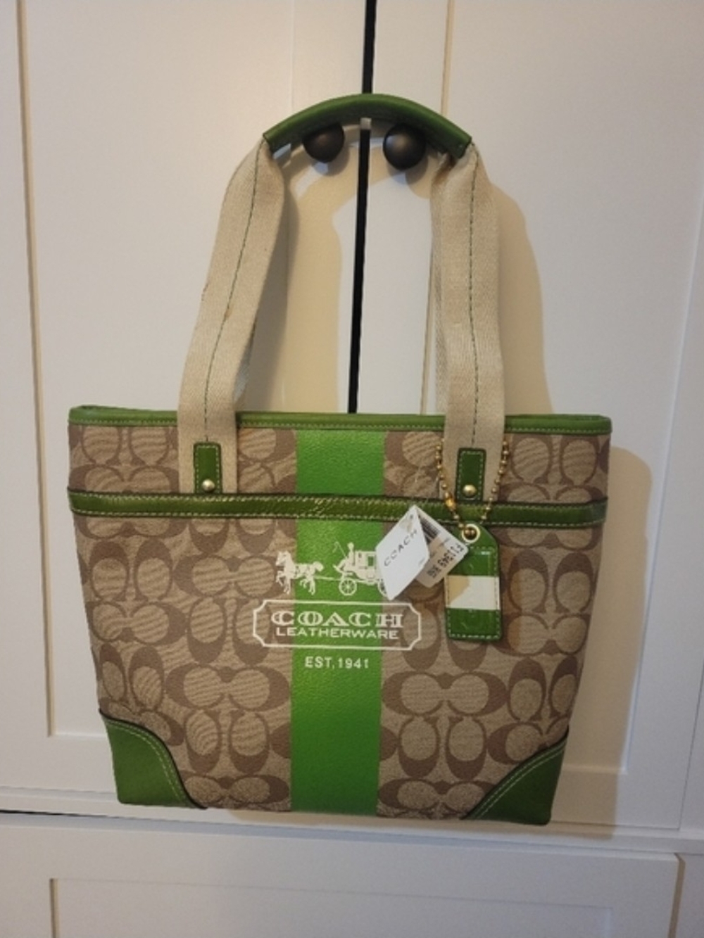 Coach Beige Signature Canvas Tote with Bright Green Trim